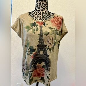 SJS Beige Top with Eiffel Tower and Floral Design